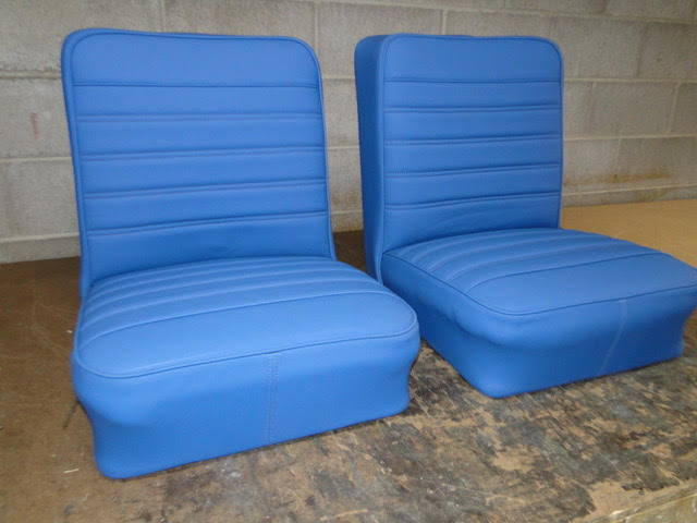 Blue fabric seat upholstery restoration