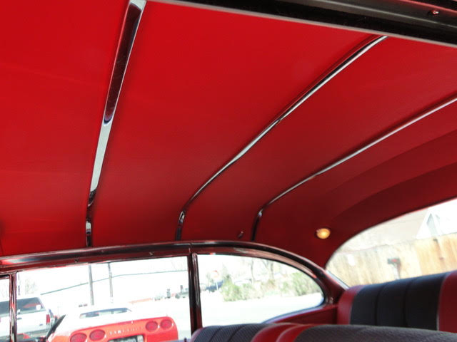 Red car headliner and roof upholstery